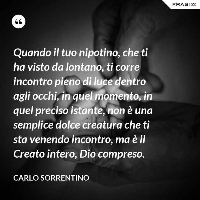 Quando il tuo nipotino, che ti ha visto da lontano, ti corre incontro pieno di luce dentro agli occhi, in quel momento, in quel preciso istante, non è una semplice dolce creatura che ti sta venendo incontro, ma è il Creato intero, Dio compreso. - Carlo Sorrentino