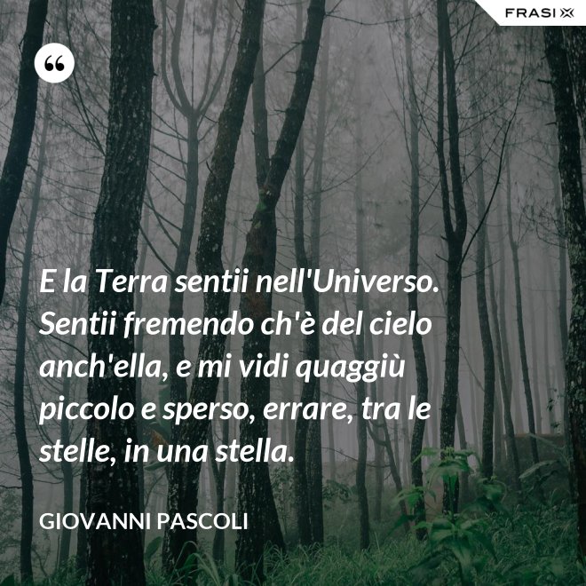 E la Terra sentii nell'Universo. Sentii fremendo ch'è del cielo anch'ella, e mi vidi quaggiù piccolo e sperso, errare, tra le stelle, in una stella. - Giovanni Pascoli
