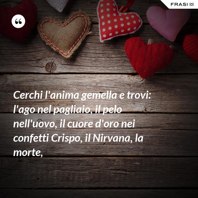 Cerchi l'anima gemella e trovi: l'ago nel pagliaio, il pelo nell'uovo, il cuore d'oro nei confetti Crispo, il Nirvana, la morte, - Anonimo