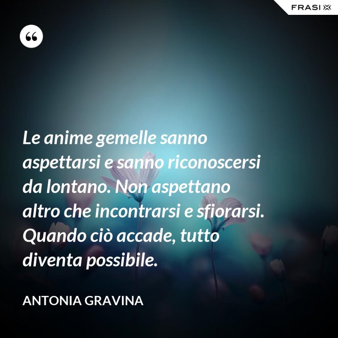 Le anime gemelle sanno aspettarsi e sanno riconoscersi da lontano. Non aspettano altro che incontrarsi e sfiorarsi. Quando ciò accade, tutto diventa possibile. - Antonia Gravina
