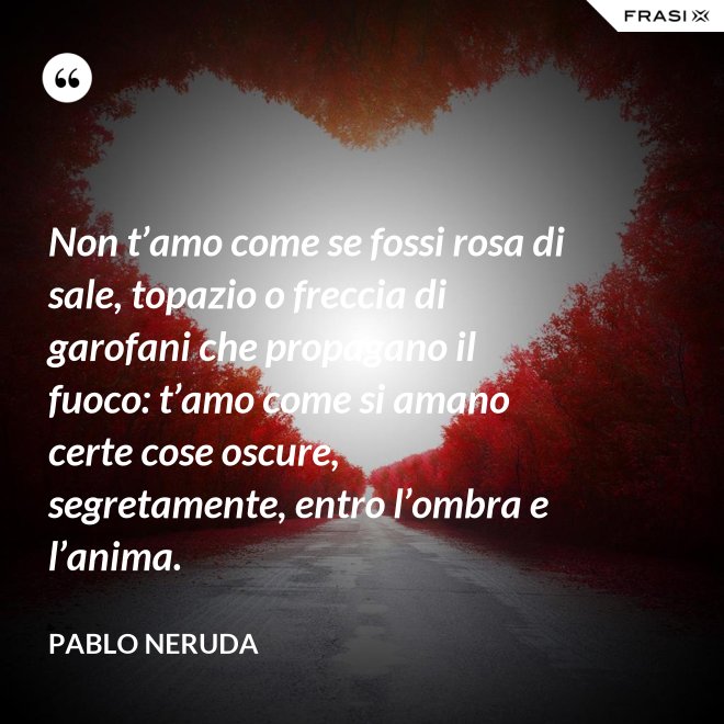 Non t’amo come se fossi rosa di sale, topazio o freccia di garofani che propagano il fuoco: t’amo come si amano certe cose oscure, segretamente, entro l’ombra e l’anima. - Pablo Neruda