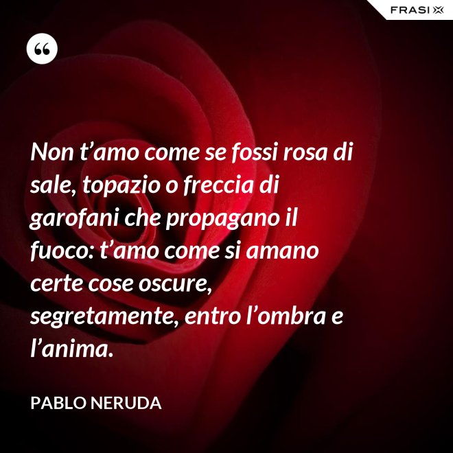 Non t’amo come se fossi rosa di sale, topazio o freccia di garofani che propagano il fuoco: t’amo come si amano certe cose oscure, segretamente, entro l’ombra e l’anima. - Pablo Neruda