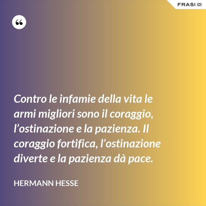 Contro le infamie della vita le armi migliori sono il coraggio, l’ostinazione e la pazienza. Il coraggio fortifica, l’ostinazione diverte e la pazienza dà pace. - Hermann Hesse