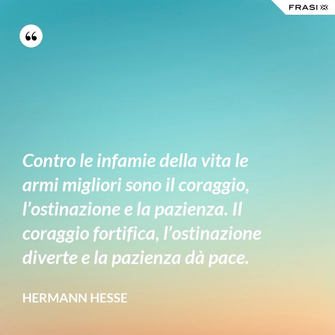 Contro le infamie della vita le armi migliori sono il coraggio, l’ostinazione e la pazienza. Il coraggio fortifica, l’ostinazione diverte e la pazienza dà pace. - Hermann Hesse