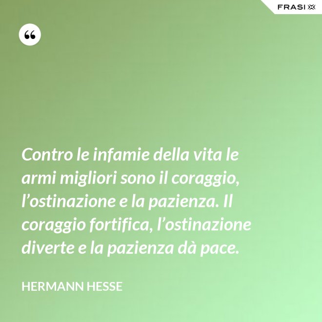 Contro le infamie della vita le armi migliori sono il coraggio, l’ostinazione e la pazienza. Il coraggio fortifica, l’ostinazione diverte e la pazienza dà pace. - Hermann Hesse