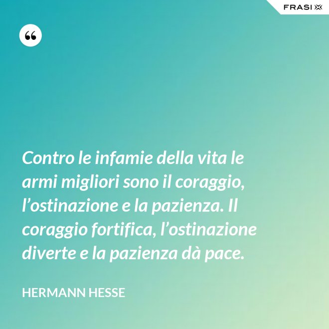 Contro le infamie della vita le armi migliori sono il coraggio, l’ostinazione e la pazienza. Il coraggio fortifica, l’ostinazione diverte e la pazienza dà pace. - Hermann Hesse