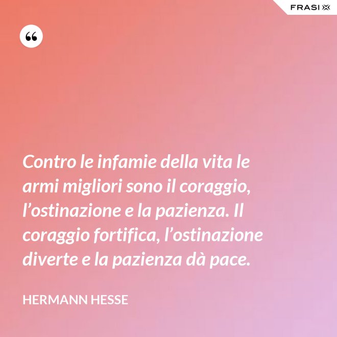 Contro le infamie della vita le armi migliori sono il coraggio, l’ostinazione e la pazienza. Il coraggio fortifica, l’ostinazione diverte e la pazienza dà pace. - Hermann Hesse