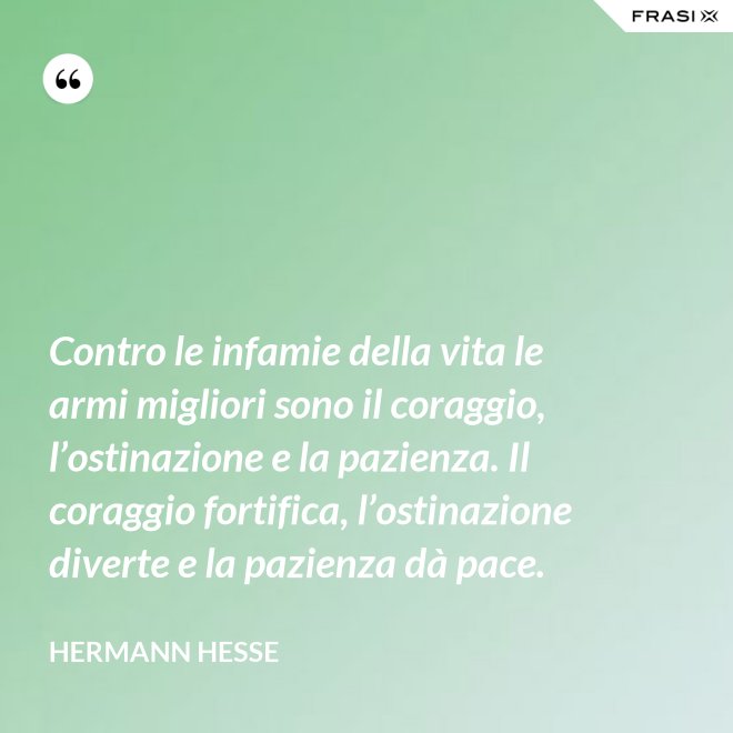 Contro le infamie della vita le armi migliori sono il coraggio, l’ostinazione e la pazienza. Il coraggio fortifica, l’ostinazione diverte e la pazienza dà pace. - Hermann Hesse