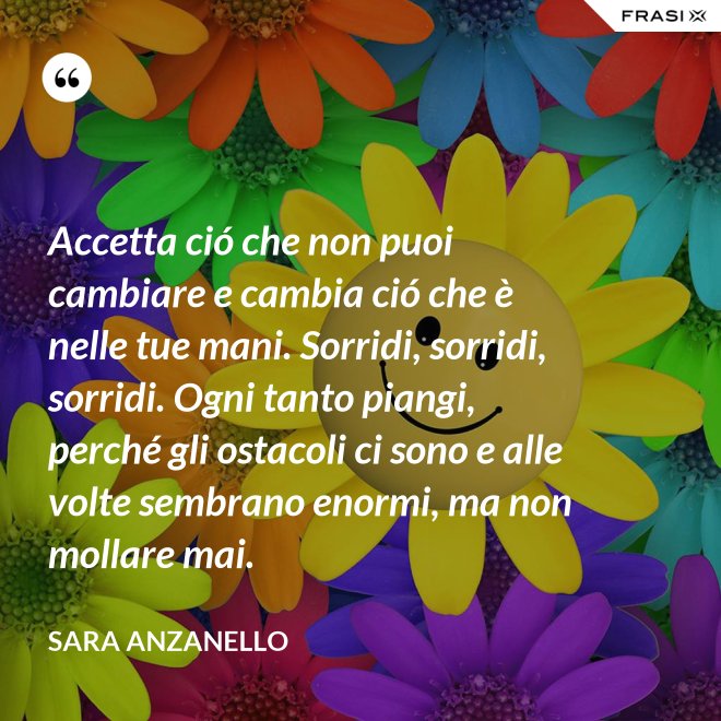 Accetta ció che non puoi cambiare e cambia ció che è nelle tue mani. Sorridi, sorridi, sorridi. Ogni tanto piangi, perché gli ostacoli ci sono e alle volte sembrano enormi, ma non mollare mai. - Sara Anzanello