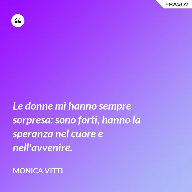 Le donne mi hanno sempre sorpresa: sono forti, hanno la speranza nel cuore e nell'avvenire. - Monica Vitti