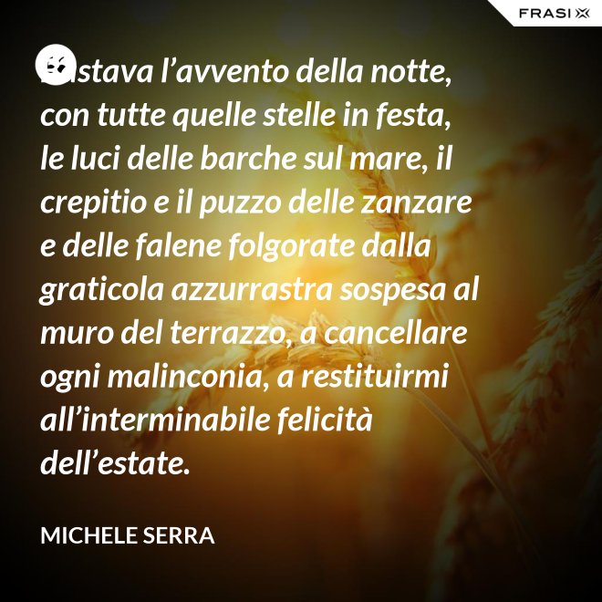 Bastava l’avvento della notte, con tutte quelle stelle in festa, le luci delle barche sul mare, il crepitio e il puzzo delle zanzare e delle falene folgorate dalla graticola azzurrastra sospesa al muro del terrazzo, a cancellare ogni malinconia, a restituirmi all’interminabile felicità dell’estate. - Michele Serra