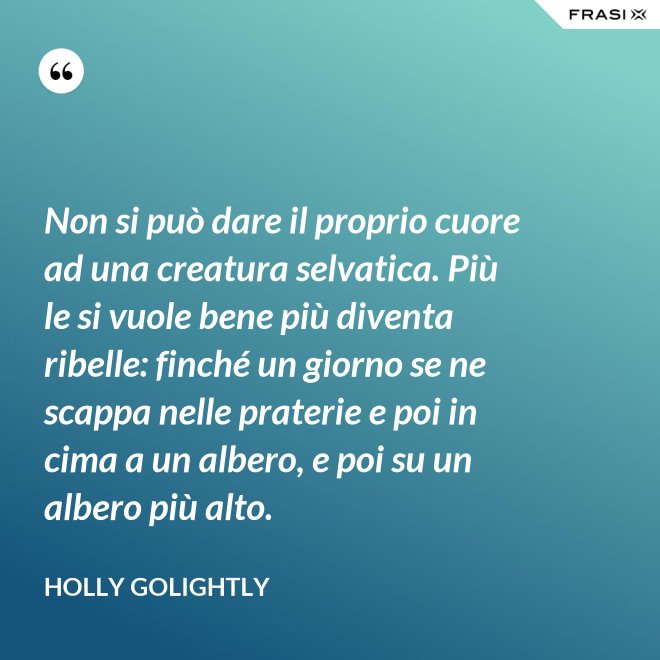 Non si può dare il proprio cuore ad una creatura selvatica. Più le si vuole bene più diventa ribelle: finché un giorno se ne scappa nelle praterie e poi in cima a un albero, e poi su un albero più alto. - Holly Golightly