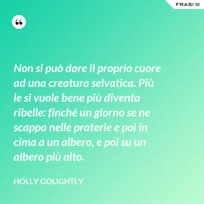Non si può dare il proprio cuore ad una creatura selvatica. Più le si vuole bene più diventa ribelle: finché un giorno se ne scappa nelle praterie e poi in cima a un albero, e poi su un albero più alto. - Holly Golightly