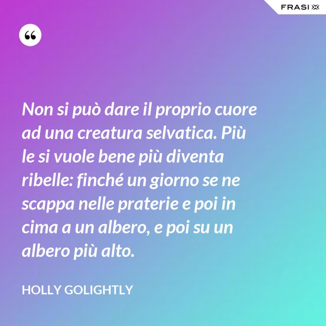 Non si può dare il proprio cuore ad una creatura selvatica. Più le si vuole bene più diventa ribelle: finché un giorno se ne scappa nelle praterie e poi in cima a un albero, e poi su un albero più alto. - Holly Golightly