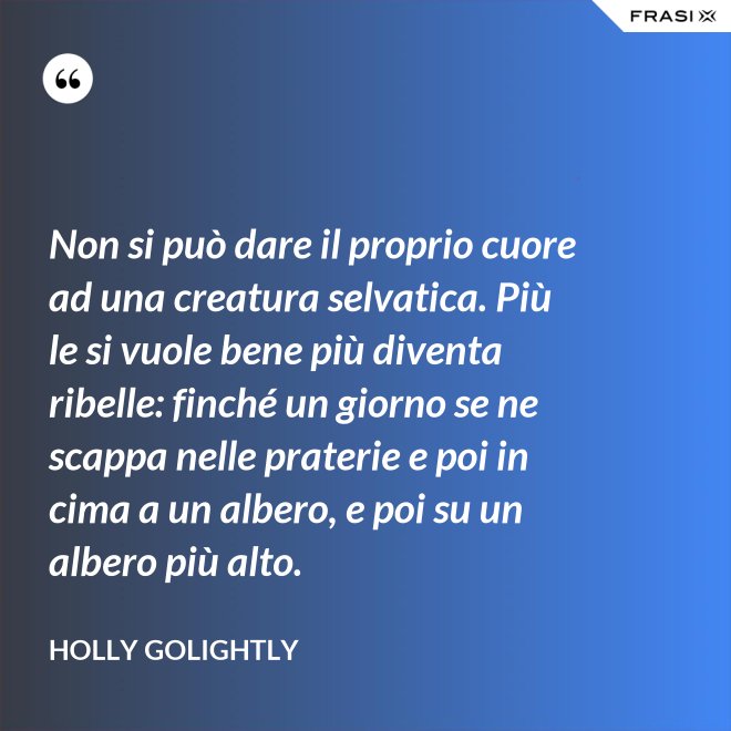 Non si può dare il proprio cuore ad una creatura selvatica. Più le si vuole bene più diventa ribelle: finché un giorno se ne scappa nelle praterie e poi in cima a un albero, e poi su un albero più alto. - Holly Golightly