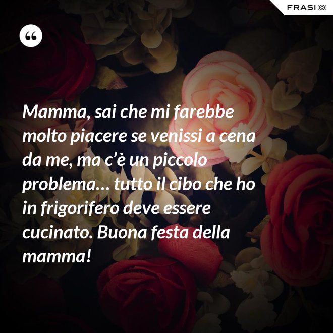 Mamma, sai che mi farebbe molto piacere se venissi a cena da me, ma c’è un piccolo problema… tutto il cibo che ho in frigorifero deve essere cucinato. Buona festa della mamma! - Anonimo