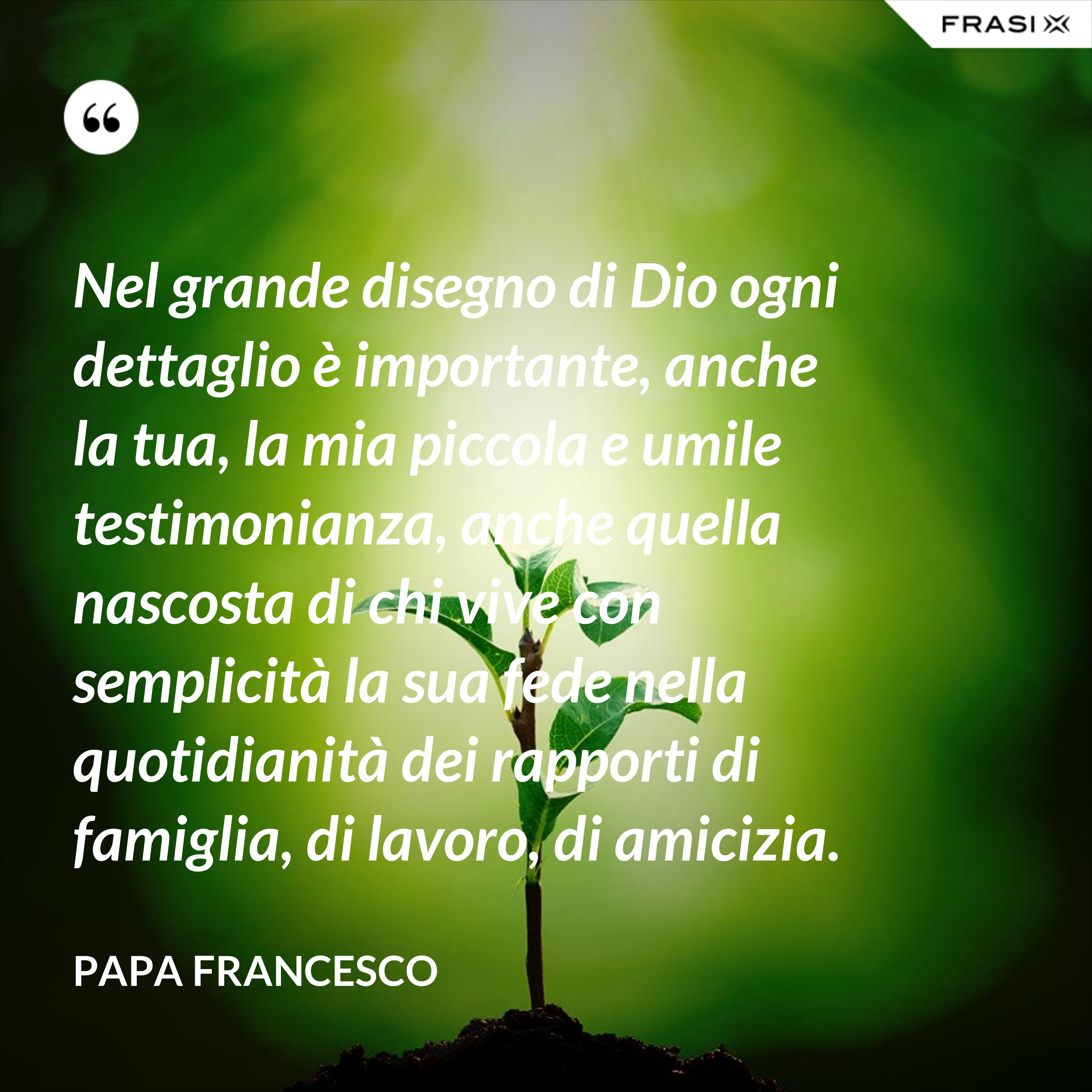 Nel grande disegno di Dio ogni dettaglio è importante, anche la tua, la mia piccola e umile testimonianza, anche quella nascosta di chi vive con semplicità la sua fede nella quotidianità dei rapporti di famiglia, di lavoro, di amicizia. - Papa Francesco