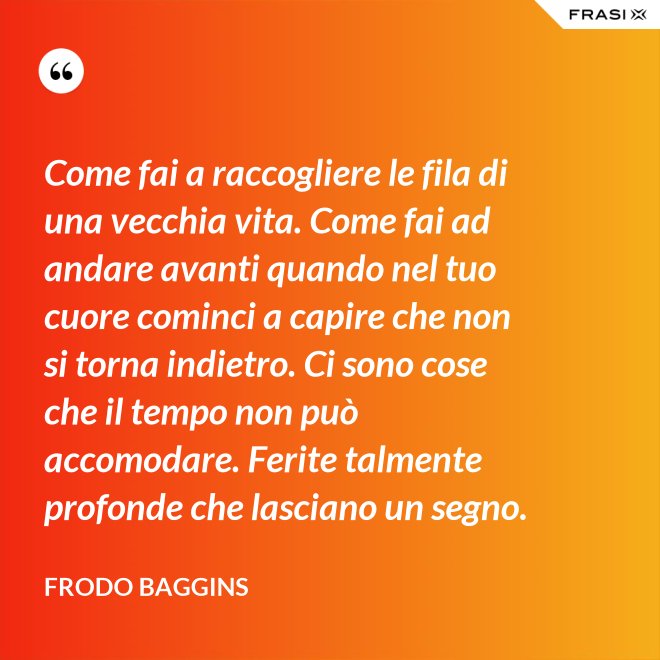Come fai a raccogliere le fila di una vecchia vita. Come fai ad andare avanti quando nel tuo cuore cominci a capire che non si torna indietro. Ci sono cose che il tempo non può accomodare. Ferite talmente profonde che lasciano un segno. - Frodo Baggins