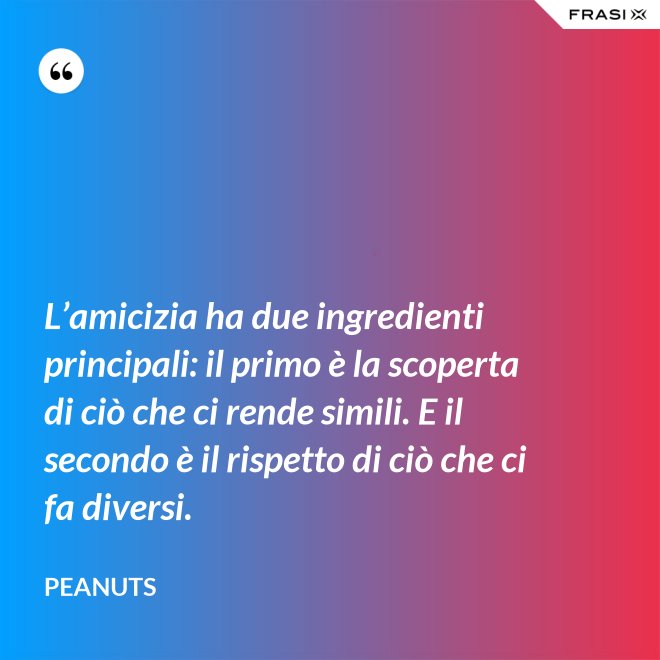 L’amicizia ha due ingredienti principali: il primo è la scoperta di ciò che ci rende simili. E il secondo è il rispetto di ciò che ci fa diversi. - Peanuts