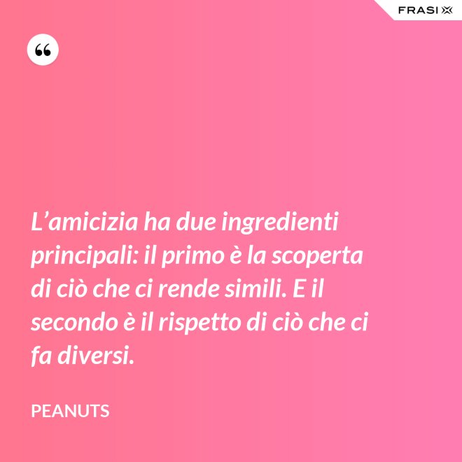 L’amicizia ha due ingredienti principali: il primo è la scoperta di ciò che ci rende simili. E il secondo è il rispetto di ciò che ci fa diversi. - Peanuts