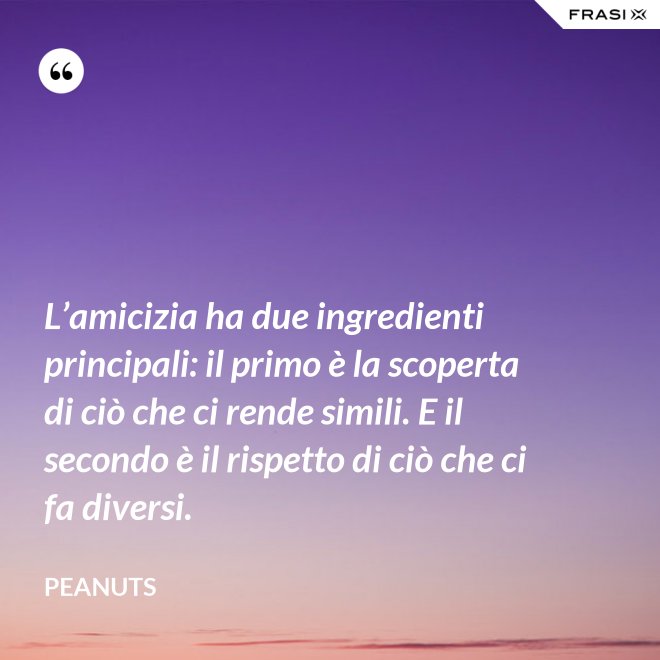 L’amicizia ha due ingredienti principali: il primo è la scoperta di ciò che ci rende simili. E il secondo è il rispetto di ciò che ci fa diversi. - Peanuts