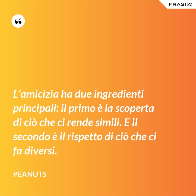 L’amicizia ha due ingredienti principali: il primo è la scoperta di ciò che ci rende simili. E il secondo è il rispetto di ciò che ci fa diversi. - Peanuts