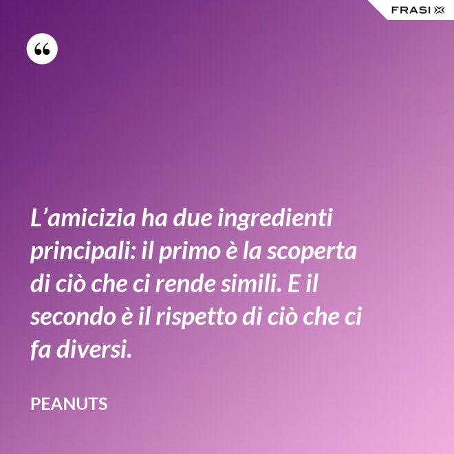 L’amicizia ha due ingredienti principali: il primo è la scoperta di ciò che ci rende simili. E il secondo è il rispetto di ciò che ci fa diversi. - Peanuts