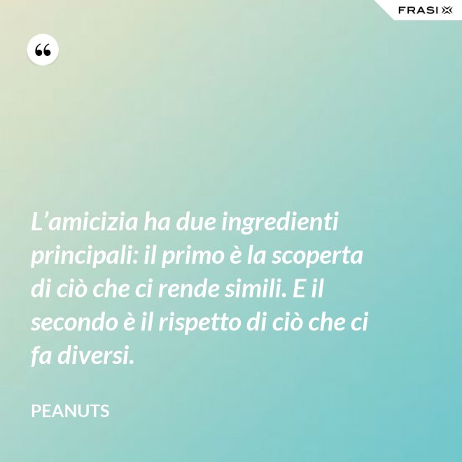 L’amicizia ha due ingredienti principali: il primo è la scoperta di ciò che ci rende simili. E il secondo è il rispetto di ciò che ci fa diversi. - Peanuts
