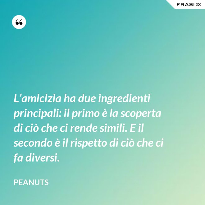 L’amicizia ha due ingredienti principali: il primo è la scoperta di ciò che ci rende simili. E il secondo è il rispetto di ciò che ci fa diversi. - Peanuts