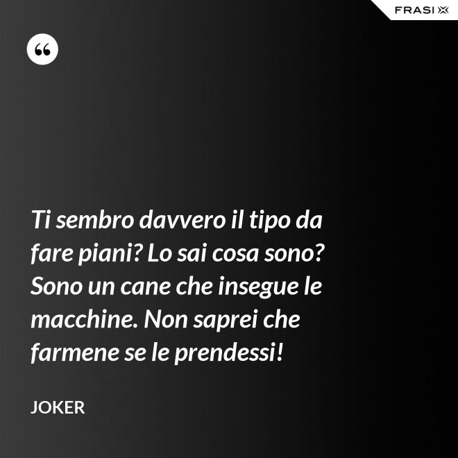 Ti sembro davvero il tipo da fare piani? Lo sai cosa sono? Sono un cane che insegue le macchine. Non saprei che farmene se le prendessi! - Joker