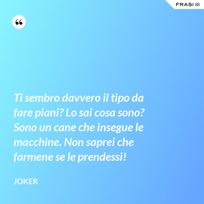 Ti sembro davvero il tipo da fare piani? Lo sai cosa sono? Sono un cane che insegue le macchine. Non saprei che farmene se le prendessi! - Joker