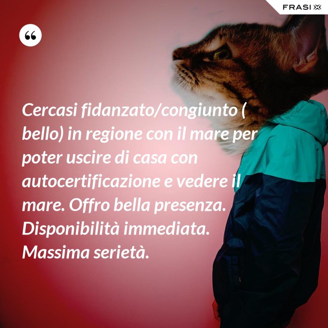 Cercasi fidanzato/congiunto ( bello) in regione con il mare per poter uscire di casa con autocertificazione e vedere il mare. Offro bella presenza. Disponibilità immediata. Massima serietà. - Anonimo
