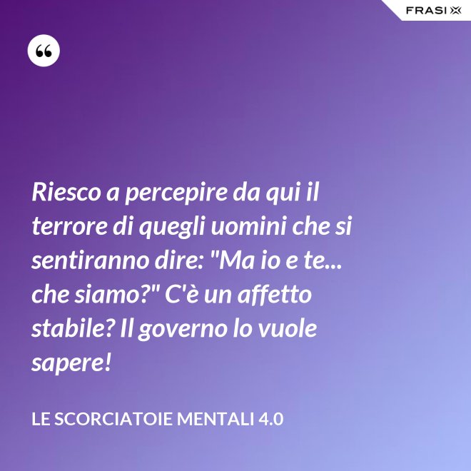 Riesco a percepire da qui il terrore di quegli uomini che si sentiranno dire: "Ma io e te... che siamo?" C'è un affetto stabile? Il governo lo vuole sapere! - Le scorciatoie mentali 4.0