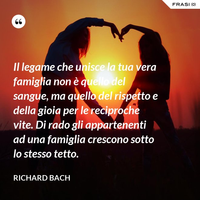 Il legame che unisce la tua vera famiglia non è quello del sangue, ma quello del rispetto e della gioia per le reciproche vite. Di rado gli appartenenti ad una famiglia crescono sotto lo stesso tetto. - Richard Bach