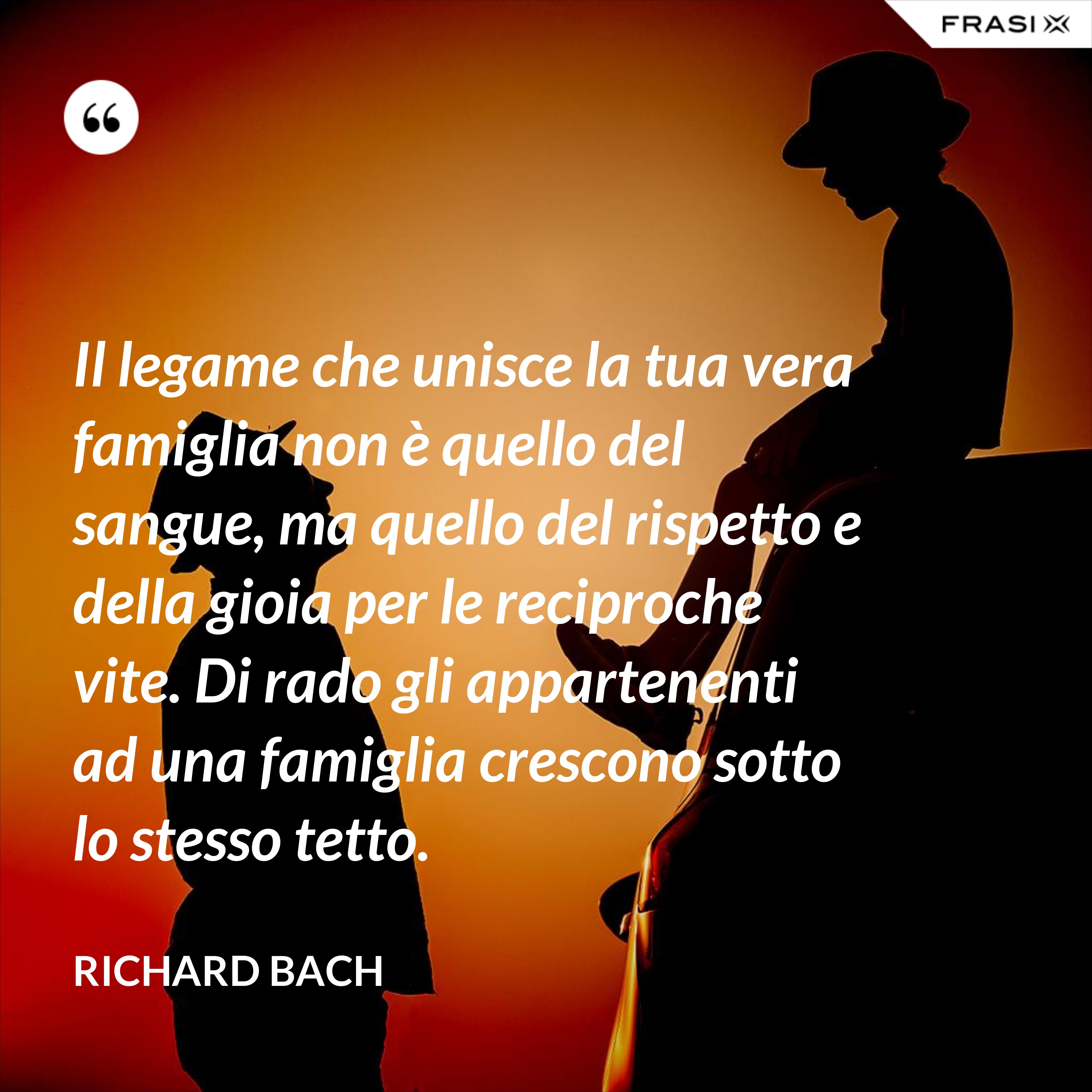 Il legame che unisce la tua vera famiglia non è quello del sangue, ma quello del rispetto e della gioia per le reciproche vite. Di rado gli appartenenti ad una famiglia crescono sotto lo stesso tetto. - Richard Bach