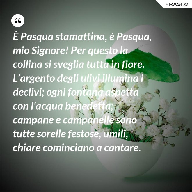 È Pasqua stamattina, è Pasqua, mio Signore! Per questo la collina si sveglia tutta in fiore. L’argento degli ulivi illumina i declivi; ogni fontana aspetta con l’acqua benedetta; campane e campanelle sono tutte sorelle festose, umili, chiare cominciano a cantare. - Anonimo