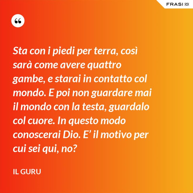 Sta con i piedi per terra, così sarà come avere quattro gambe, e starai in contatto col mondo. E poi non guardare mai il mondo con la testa, guardalo col cuore. In questo modo conoscerai Dio. E’ il motivo per cui sei qui, no? - Il Guru