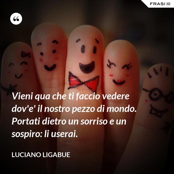 Vieni qua che ti faccio vedere dov'e' il nostro pezzo di mondo. Portati dietro un sorriso e un sospiro: li userai. - Luciano Ligabue