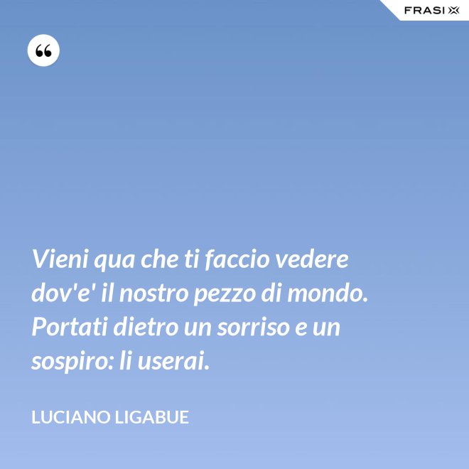 Vieni qua che ti faccio vedere dov'e' il nostro pezzo di mondo. Portati dietro un sorriso e un sospiro: li userai. - Luciano Ligabue