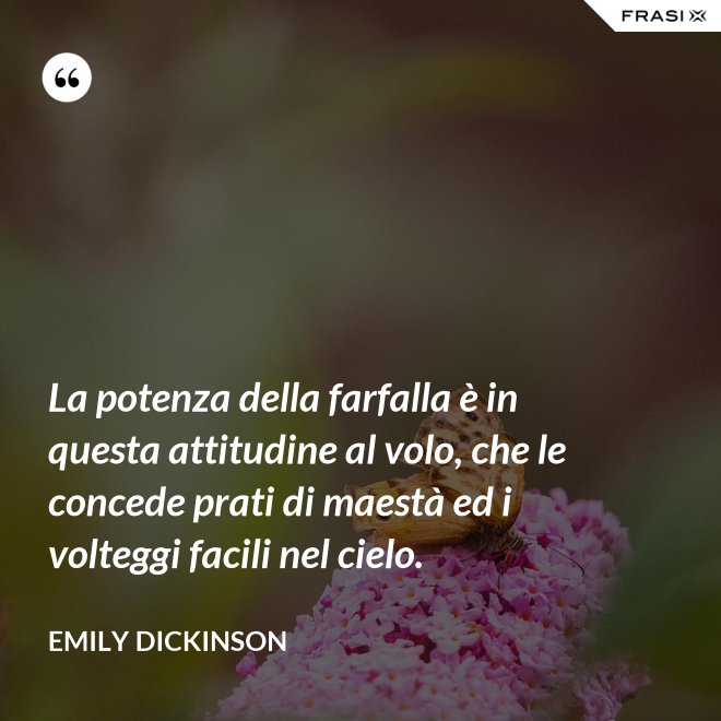La potenza della farfalla è in questa attitudine al volo, che le concede prati di maestà ed i volteggi facili nel cielo. - Emily Dickinson