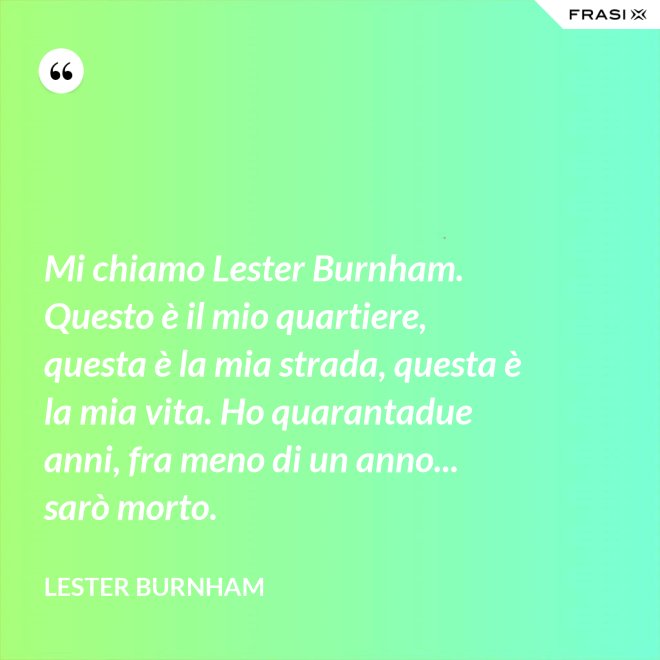 Mi chiamo Lester Burnham. Questo è il mio quartiere, questa è la mia strada, questa è la mia vita. Ho quarantadue anni, fra meno di un anno... sarò morto. - Lester Burnham