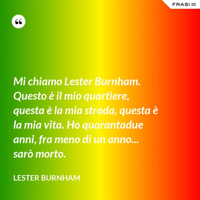 Mi chiamo Lester Burnham. Questo è il mio quartiere, questa è la mia strada, questa è la mia vita. Ho quarantadue anni, fra meno di un anno... sarò morto. - Lester Burnham