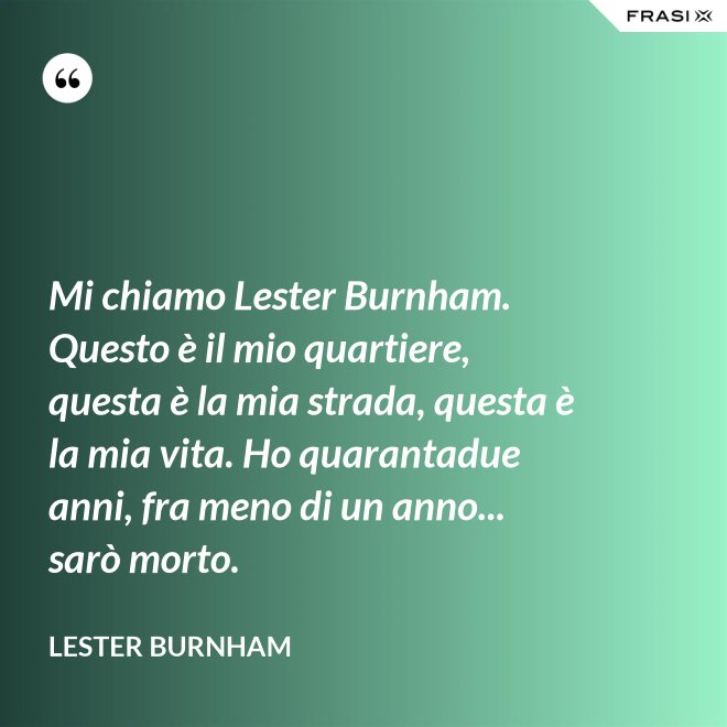 Mi chiamo Lester Burnham. Questo è il mio quartiere, questa è la mia strada, questa è la mia vita. Ho quarantadue anni, fra meno di un anno... sarò morto. - Lester Burnham