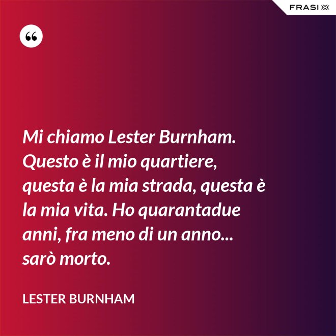 Mi chiamo Lester Burnham. Questo è il mio quartiere, questa è la mia strada, questa è la mia vita. Ho quarantadue anni, fra meno di un anno... sarò morto. - Lester Burnham