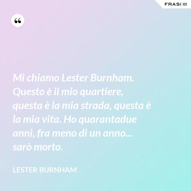 Mi chiamo Lester Burnham. Questo è il mio quartiere, questa è la mia strada, questa è la mia vita. Ho quarantadue anni, fra meno di un anno... sarò morto. - Lester Burnham