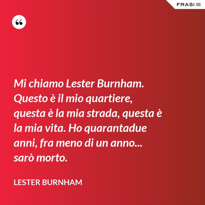 Mi chiamo Lester Burnham. Questo è il mio quartiere, questa è la mia strada, questa è la mia vita. Ho quarantadue anni, fra meno di un anno... sarò morto. - Lester Burnham