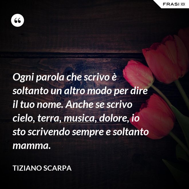 Ogni parola che scrivo è soltanto un altro modo per dire il tuo nome. Anche se scrivo cielo, terra, musica, dolore, io sto scrivendo sempre e soltanto mamma. - Tiziano Scarpa
