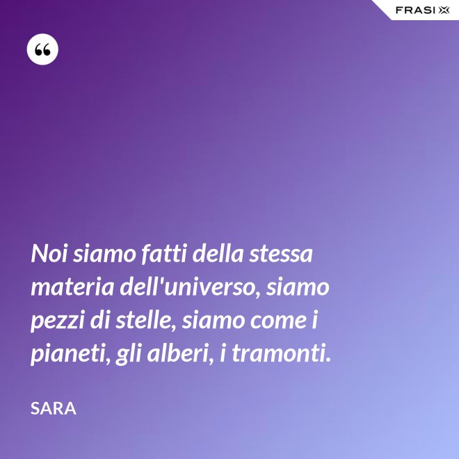 Noi siamo fatti della stessa materia dell'universo, siamo pezzi di stelle, siamo come i pianeti, gli alberi, i tramonti. - Sara