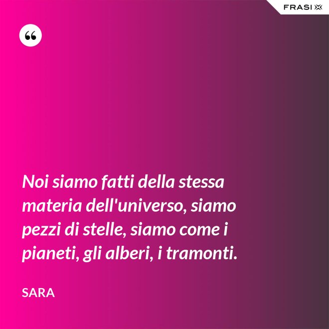 Noi siamo fatti della stessa materia dell'universo, siamo pezzi di stelle, siamo come i pianeti, gli alberi, i tramonti. - Sara