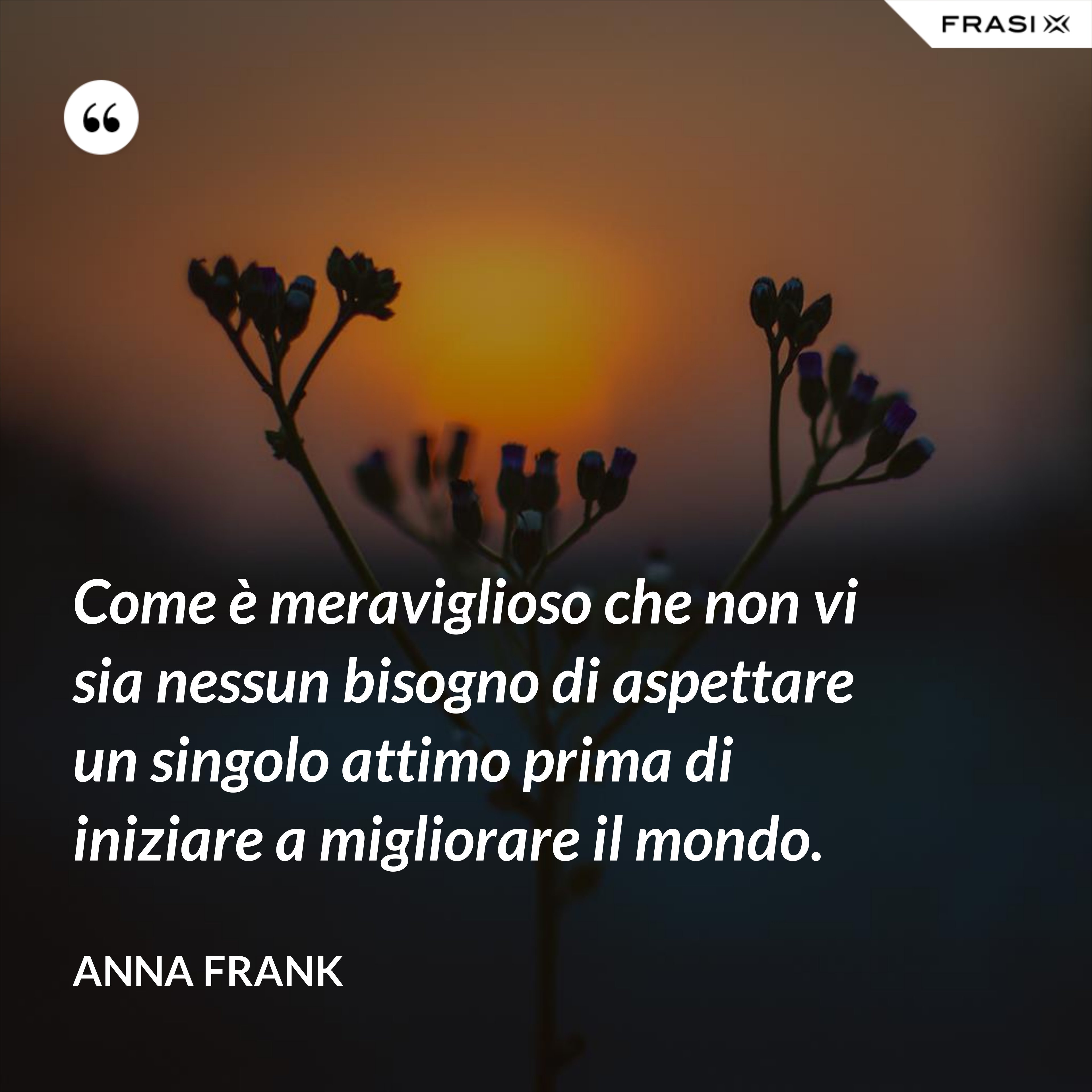 Come è meraviglioso che non vi sia nessun bisogno di aspettare un singolo attimo prima di iniziare a migliorare il mondo. - Anna Frank